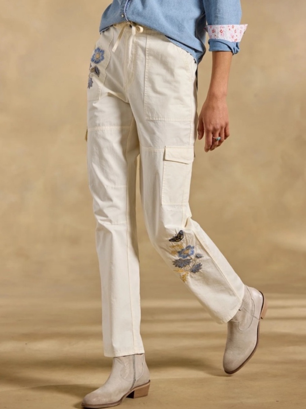 Sundance Cargo Matalia cargo Pants Blue Floral Embroidery 40030